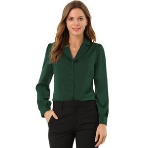 Satin Blouse Long Sleeve Button Down Shirt Collared Work Top Green
